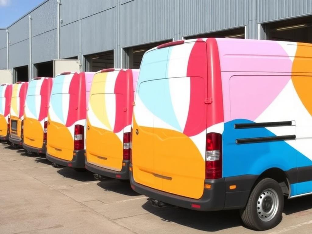 Row of commercial cargo vans finished with colored vinyl livery wraps