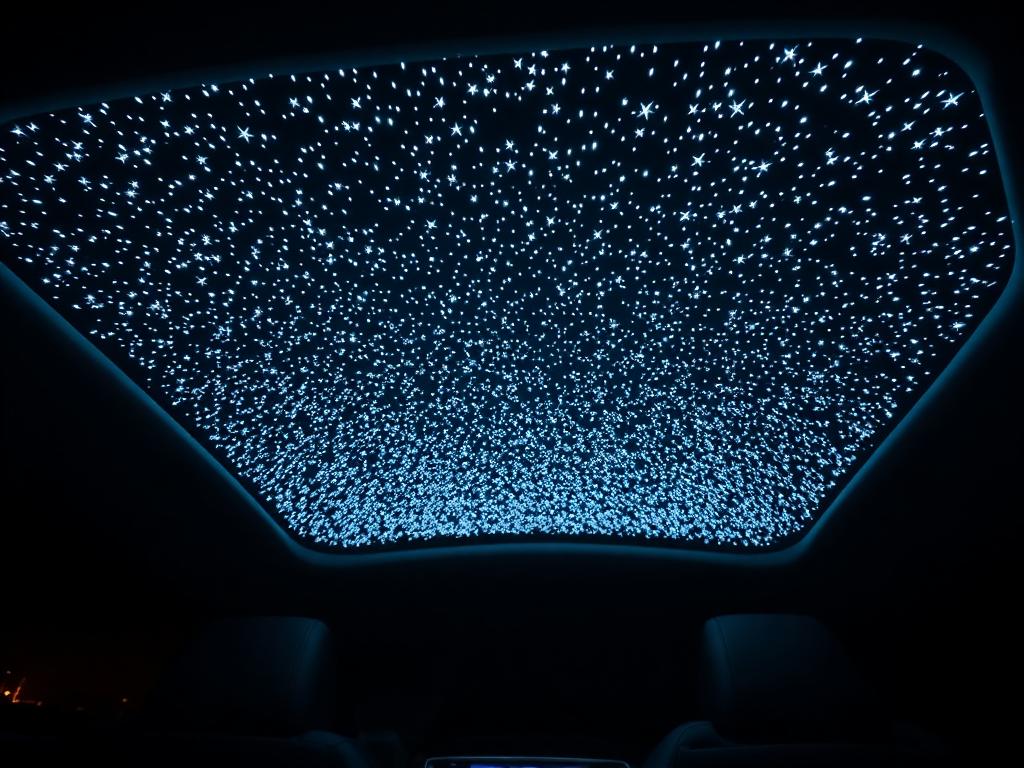 Fiber optic starlight headliner glowing in a dark luxury car cabin