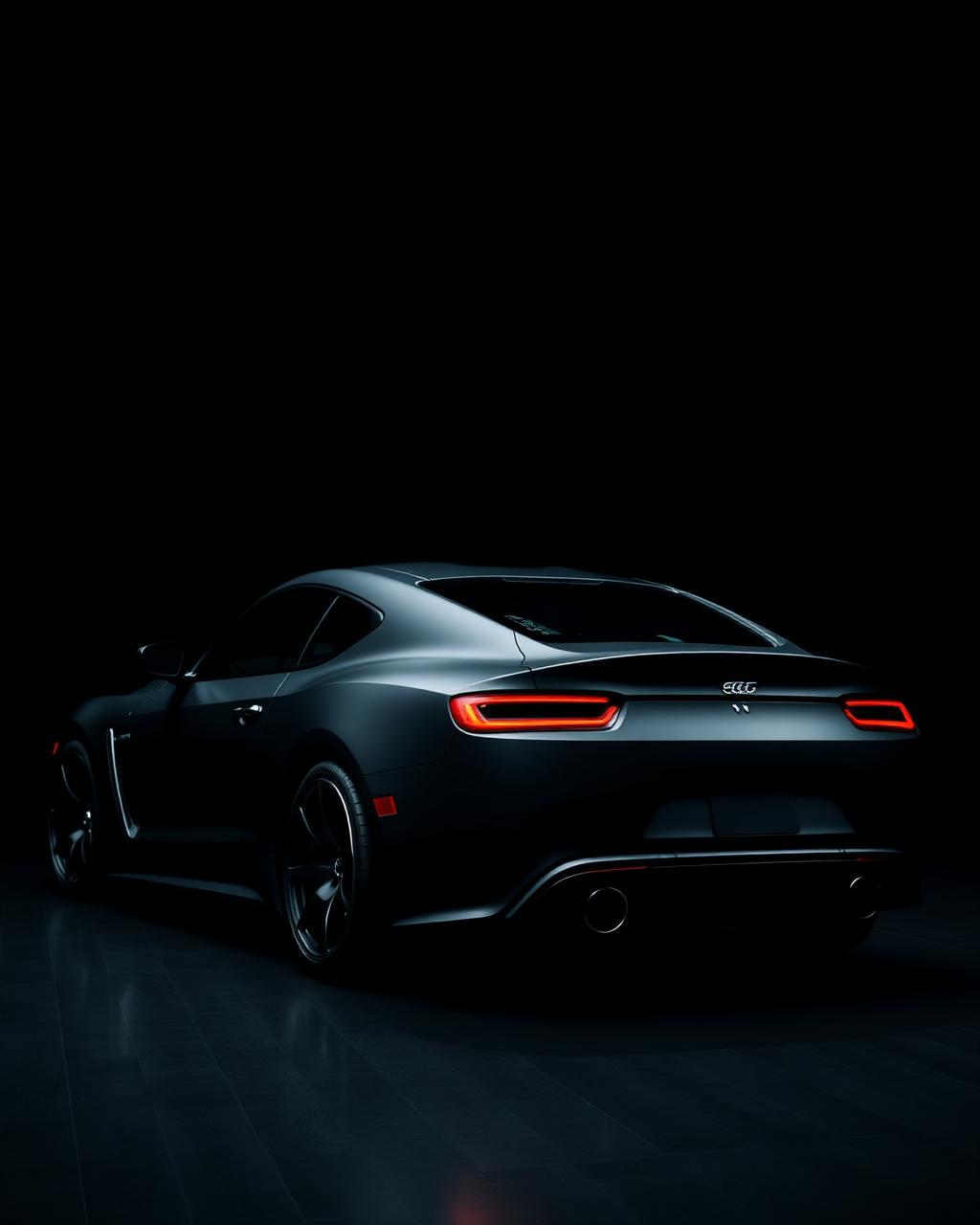 Matte black full vinyl wrap on a sports coupe photographed in a dark studio
