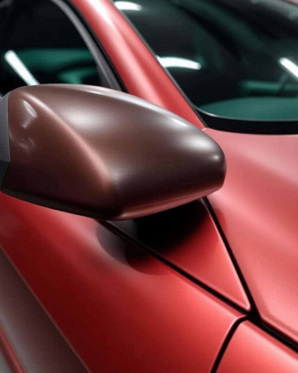 Detail of a satin red wrap around a mirror cap and door edge